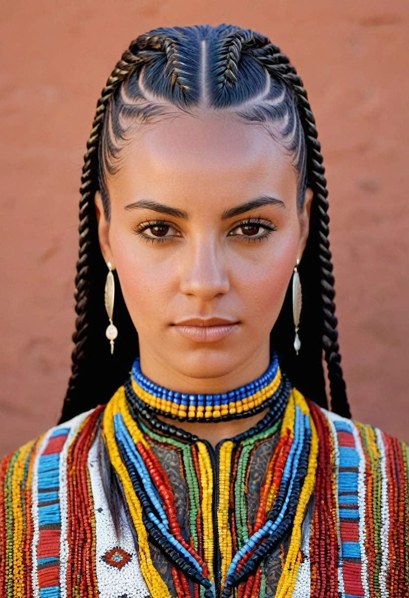 a woman's head. Her hair is in cornrows, geometric repeating patterns, coloured beads, long dark hair. patterned. front view, showing her face. Moroccan North African influence