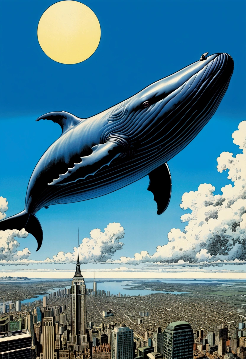 Flying Whale, full body, sky, by Brian Bolland and Neal Adams, pulp comics, cinematic still, (best quality, masterpiece), very aesthetic, perfect composition, intricate details, ultra-detailed, vivid colors