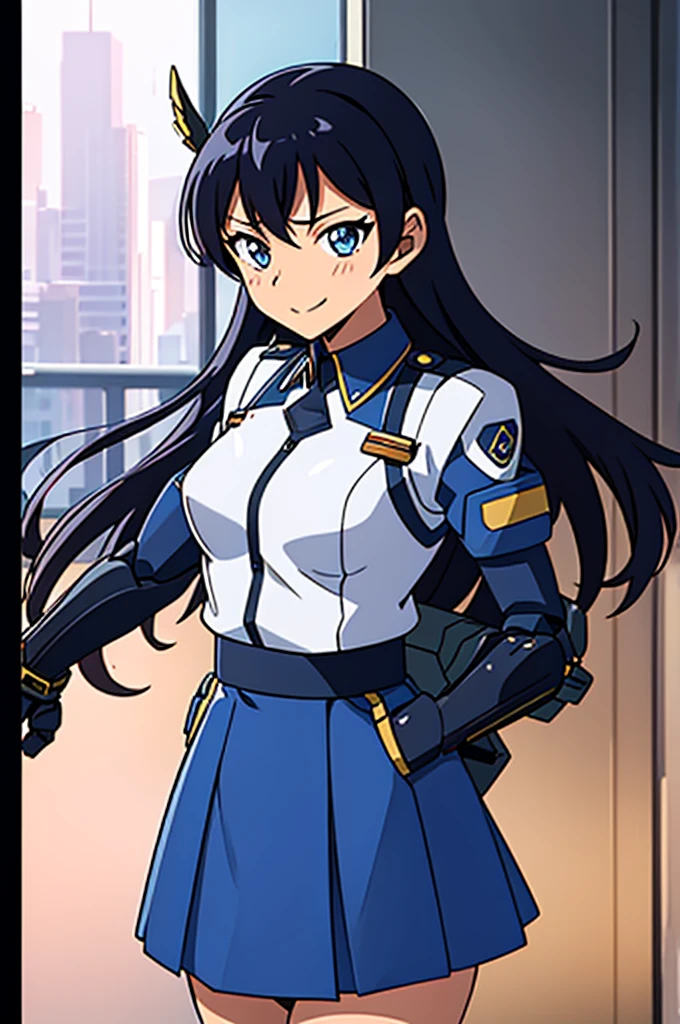 mecha wings、Blue Skirt、Accentuated thighs、chest、Black Hair、1 girl、solo girl、IS、Frame Arms Girl、Alice Gere Aegis、White Armor、Pink Line、income、headphone、hand on own chest、smile、Miike Naeko,One girl,alone,police,police ユニフォーム,police woman