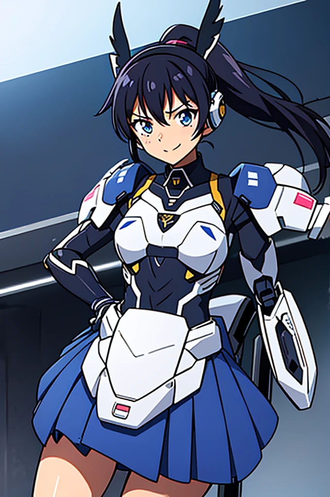 mecha wings、Blue Skirt、Accentuated thighs、chest、Black Hair、1 girl、solo girl、IS、Frame Arms Girl、Alice Gere Aegis、White Armor、Pink Line、income、headphone、hand on own chest、smile、Miike Naeko,One girl,alone,police,police ユニフォーム,police woman