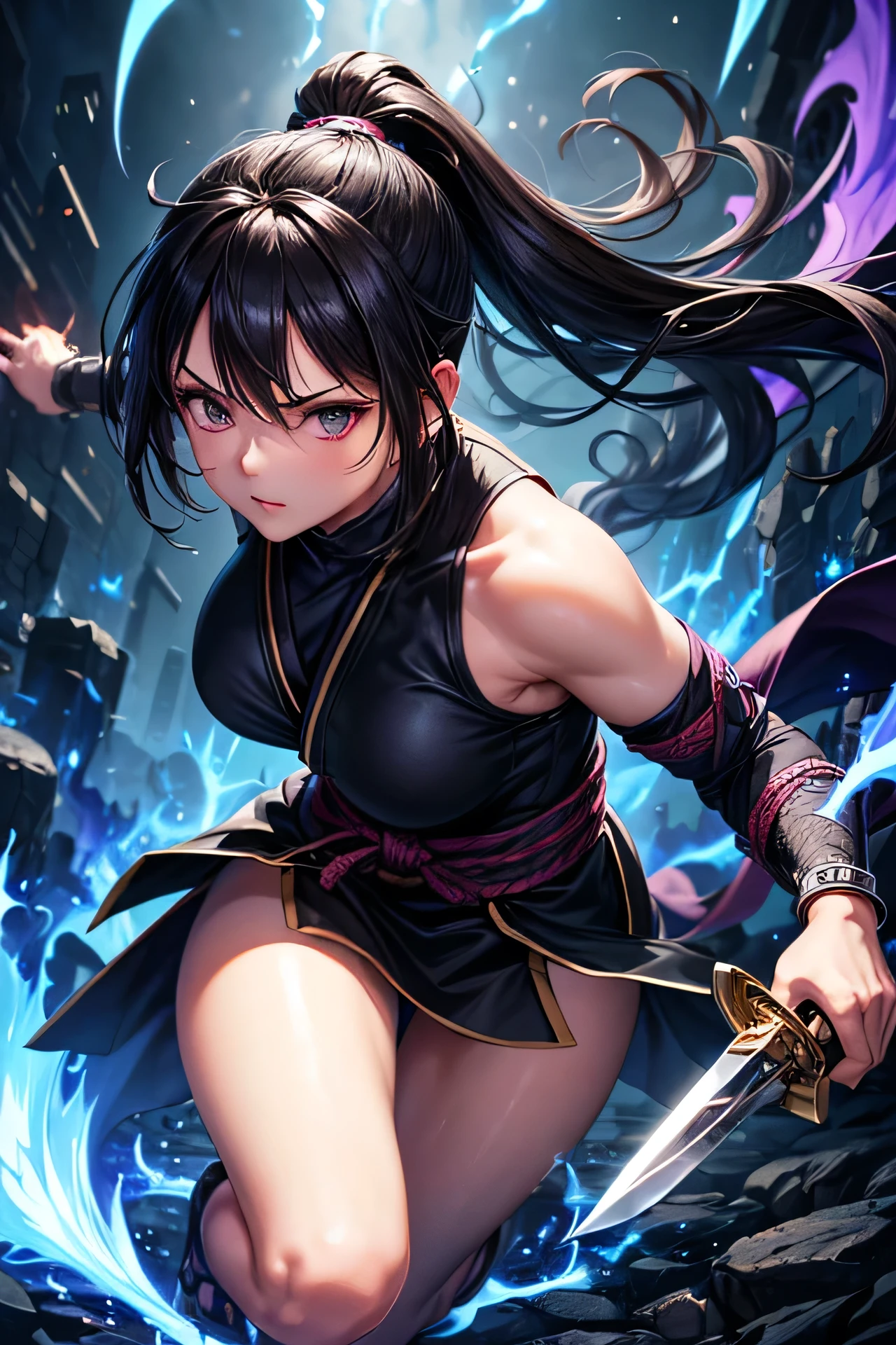 (masterpiece, best quality, ultra detailed, 8K), 1girl, ninja, shinobi, kunoichi, black hair, knife,blue flame, (purple flame, black flame),action pause, thunder,crackling energy,electric bolts, gold,