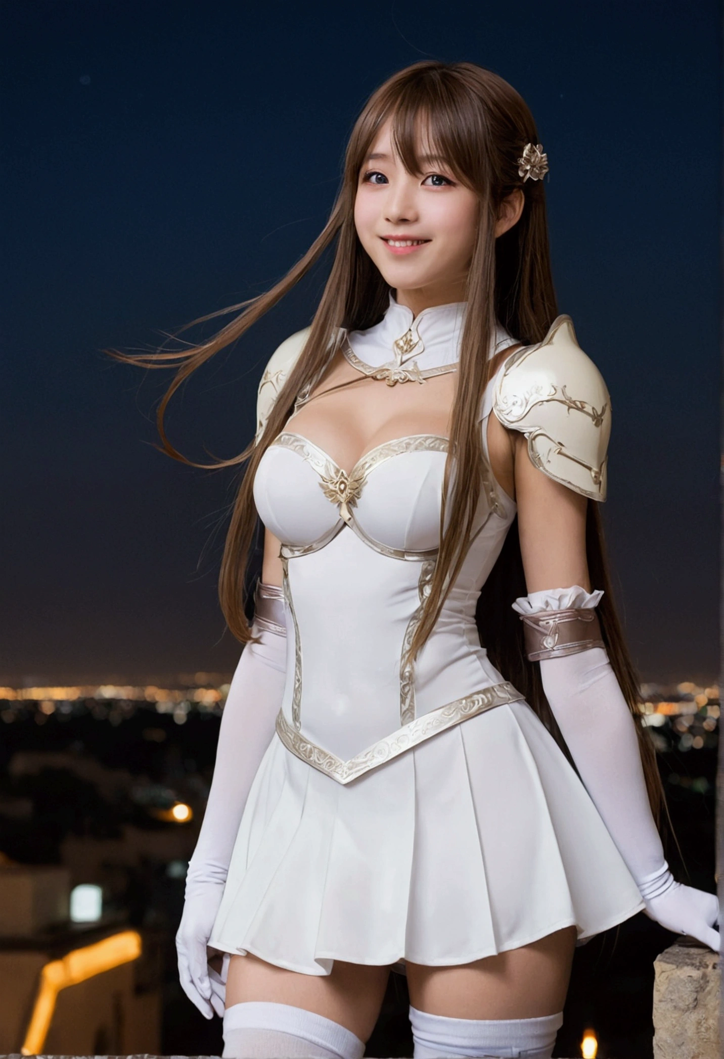 Stationary, One girl, alone, Long Hair, chest, View your viewers, smile, Open your mouth, bangs ,Detailed eyes, Beautiful background, (Night Sky, performer), chestに手を当てる, Brown Hair, Knee socks, gloves, dress, chestの谷間, Exposing shoulders, Brown eyes, very Long Hair, Are standing, whole body, white gloves, white dress, armor, white Knee socks, Garter Straps, Fantasy, white armor, Couple, chest当てを外して露出