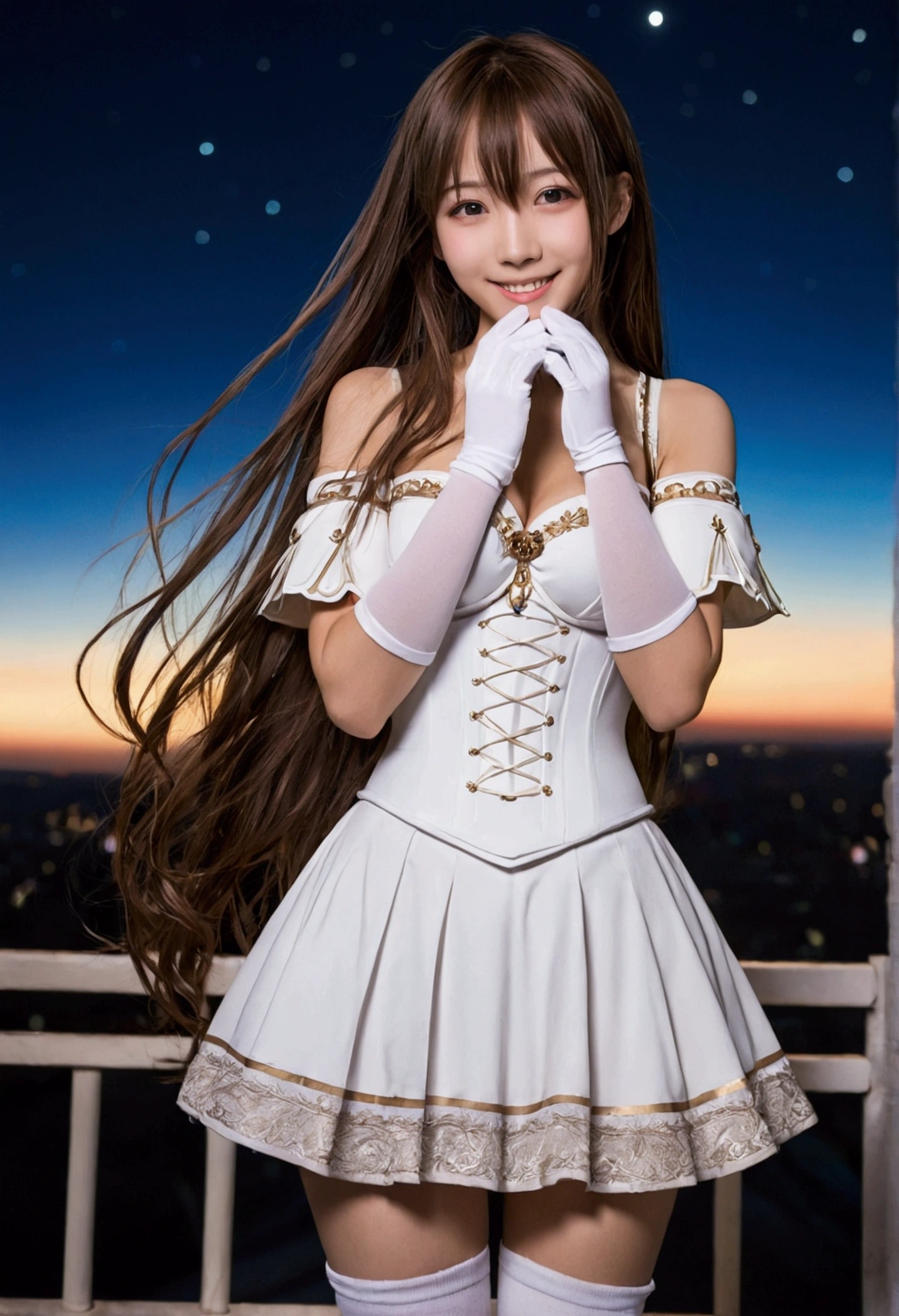 Stationary, One girl, alone, Long Hair, chest, View your viewers, smile, Open your mouth, bangs ,Detailed eyes, Beautiful background, (Night Sky, performer), chestに手を当てる, Brown Hair, Knee socks, gloves, dress, chestの谷間, Exposing shoulders, Brown eyes, very Long Hair, Are standing, whole body, white gloves, white dress, armor, white Knee socks, Garter Straps, Fantasy, white armor, Couple, chest当てを外して露出