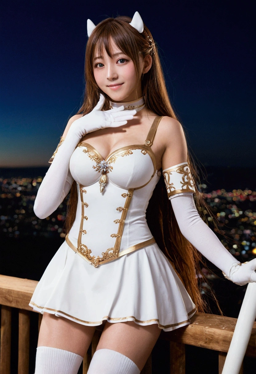 Stationary, One girl, alone, Long Hair, chest, View your viewers, smile, Open your mouth, bangs ,Detailed eyes, Beautiful background, (Night Sky, performer), chestに手を当てる, Brown Hair, Knee socks, gloves, dress, chestの谷間, Exposing shoulders, Brown eyes, very Long Hair, Are standing, whole body, white gloves, white dress, armor, white Knee socks, Garter Straps, Fantasy, white armor, Couple, chest当てを外して露出