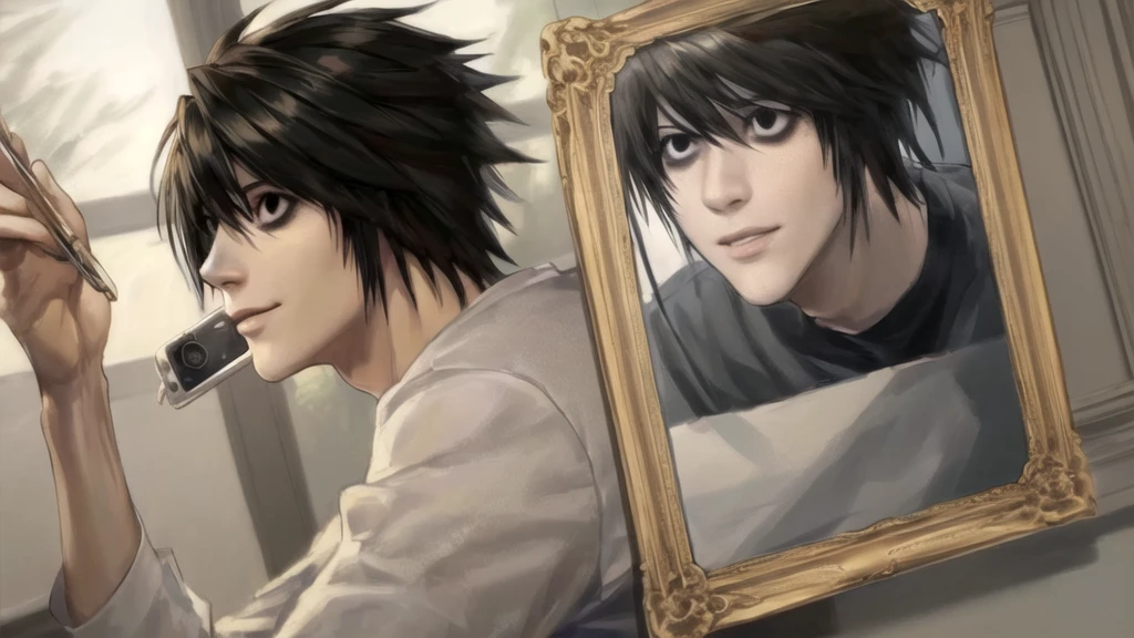 1 boy, man, perfect anatomy, mesmerizing black eyes, 8k resolution, (one person), (realism: 1.2), (masterpiece: 1.2), (cowboy frame: 1.2), dark romantic lighting, (high detail: 1.2), (detailed face: 1.2), (gradients), bright detailed eyes, (natural light: 1.2), solo, indoors, perfect lighting, perfect facial features, perfect angle, perfectly drawn eyes, man, smile, skinny, holds the phone in his hand