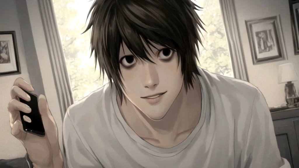 1 boy, man, perfect anatomy, mesmerizing black eyes, 8k resolution, (one person), (realism: 1.2), (masterpiece: 1.2), (cowboy frame: 1.2), dark romantic lighting, (high detail: 1.2), (detailed face: 1.2), (gradients), bright detailed eyes, (natural light: 1.2), solo, indoors, perfect lighting, perfect facial features, perfect angle, perfectly drawn eyes, man, smile, skinny, holds the phone in his hand