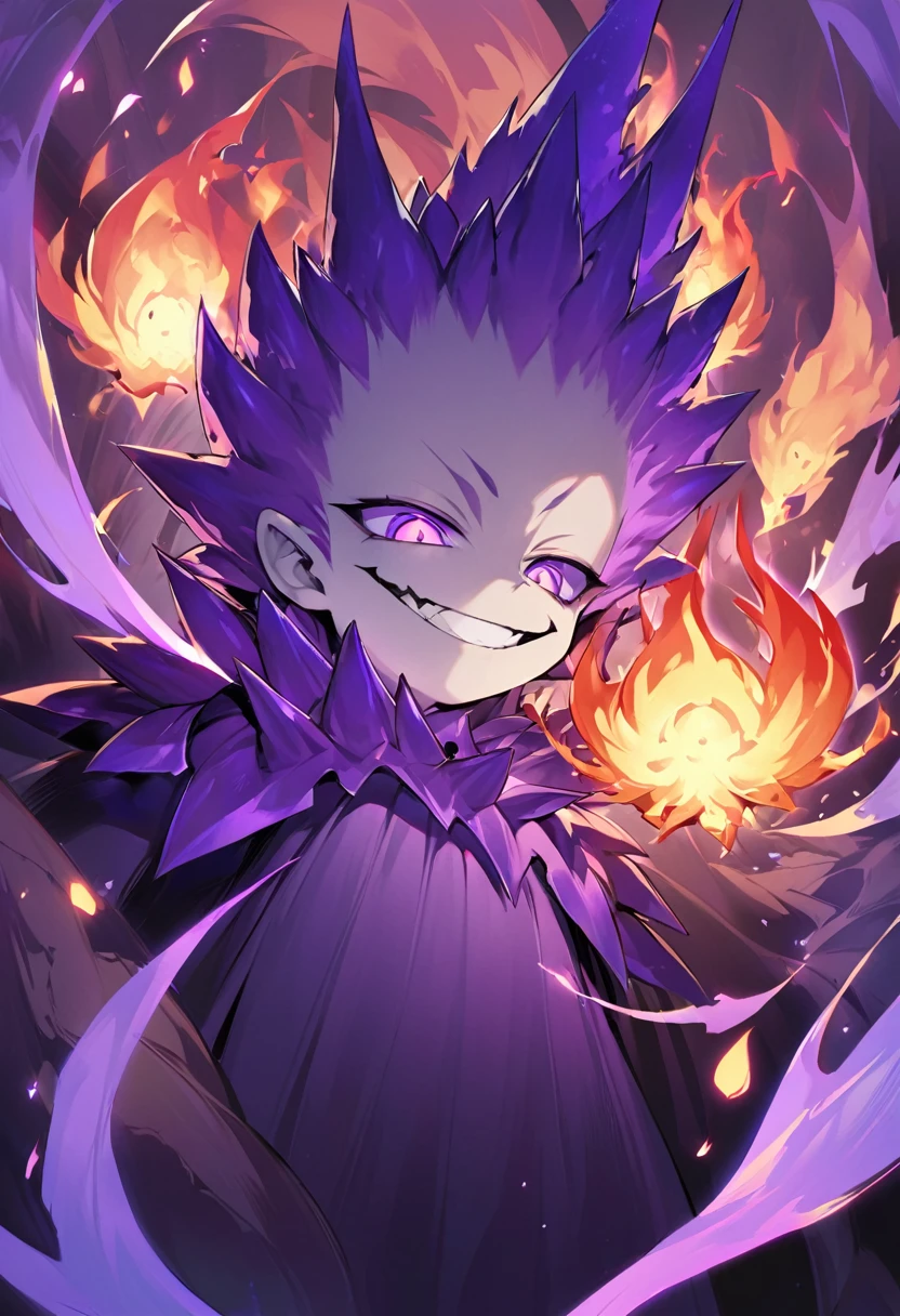 Flamey - cursed spirit of purple flames, devious and mischievous. A little ball of purple flame with two dots as his eyes and spiny smiling mouth, grinning at his own thoughts. He has no physical body and looks like a little ball of flames, similar to will-o'-the-wisp.