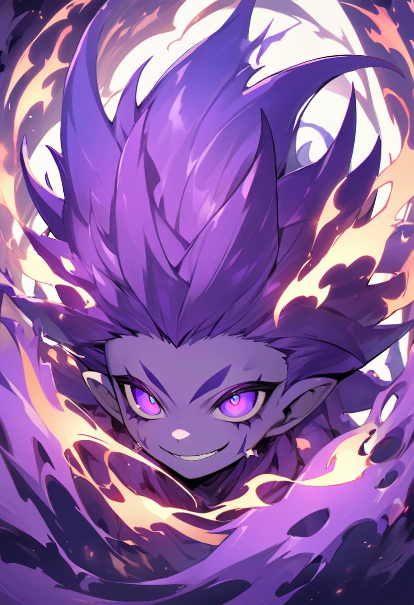 Flamey - cursed spirit of purple flames, devious and mischievous. A little ball of purple flame with two dots as his eyes and spiny smiling mouth, grinning at his own thoughts. He has no physical body and looks like a little ball of flames, similar to will-o'-the-wisp.