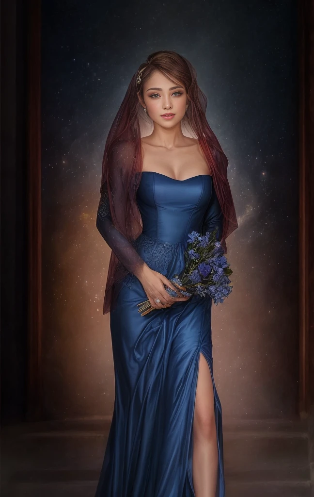(best quality, masutepiece), young woman, vestido azul medieval da princesa, Posar, Particle, vento, flor, parte superior do corpo, fundo da noite da lua cheia, Olhando para o Viewer, longos cabelos dourados lisos soprados pelo vento, olhos azuis detalhados, galaxy, back lighting, Luzes de aro, beautiful artwork, perfect composition