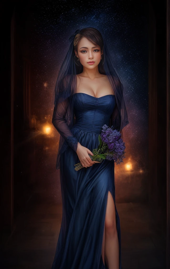 (best quality, masutepiece), young woman, vestido azul medieval da princesa, Posar, Particle, vento, flor, parte superior do corpo, fundo da noite da lua cheia, Olhando para o Viewer, longos cabelos dourados lisos soprados pelo vento, olhos azuis detalhados, galaxy, back lighting, Luzes de aro, beautiful artwork, perfect composition