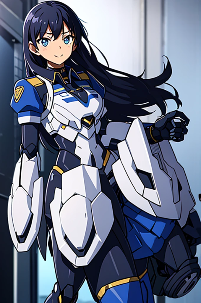 mecha wings、Blue Skirt、Accentuated thighs、chest、Black Hair、1 girl、solo girl、IS、Frame Arms Girl、Alice Gere Aegis、White Armor、Pink Line、income、headphone、hand on own chest、smile、Miike Naeko,One girl,alone,police,police ユニフォーム,police woman