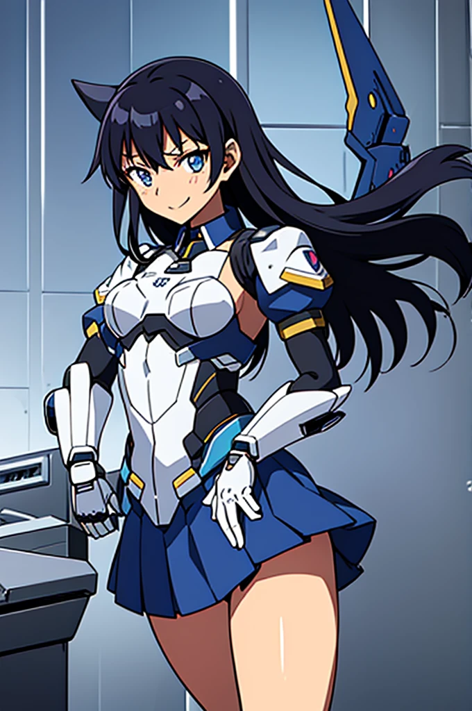 mecha wings、Blue Skirt、Accentuated thighs、chest、Black Hair、1 girl、solo girl、IS、Frame Arms Girl、Alice Gere Aegis、White Armor、Pink Line、income、headphone、hand on own chest、smile、Miike Naeko,One girl,alone,police,police ユニフォーム,police woman