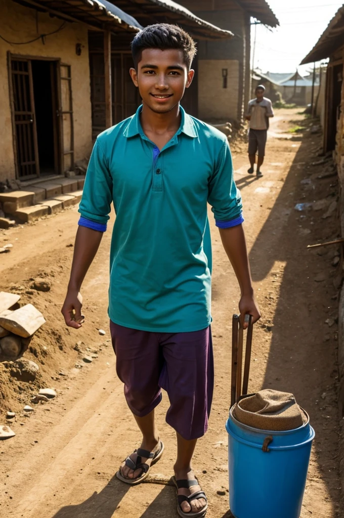 young man with a bright aura helps villagers with everyday tasks.