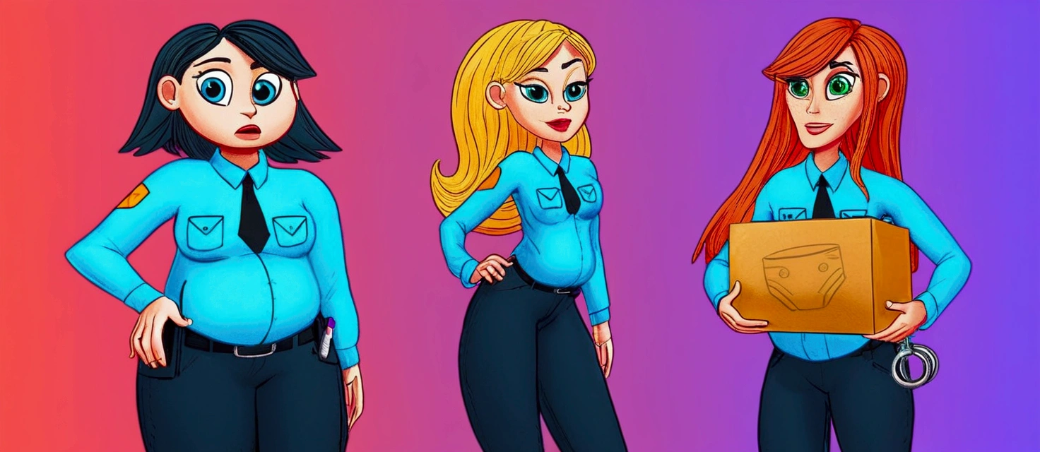 3 female police characters, the first has a positive pregnancy test in her pocket, and the third has a box of baby diapers! stylized character, animation style rendering, 3d stylized, Arnold Maya rendering, Stylized 3D rendering, toon render screenshot, 3d character, 3d character, Stylized 3D rendering, 3D character rendering, cartoon character, Personagem de close up, character posing,  (Pixar-style) (master part:1.2) (bokeh) (best qualityer) (skin detailed) (detailed texture) (8k) (Argilla) (cinematic lighting) (sharp focus