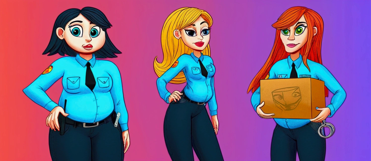 3 female police characters, the first has a positive pregnancy test in her pocket, and the third has a box of baby diapers! stylized character, animation style rendering, 3d stylized, Arnold Maya rendering, Stylized 3D rendering, toon render screenshot, 3d character, 3d character, Stylized 3D rendering, 3D character rendering, cartoon character, Personagem de close up, character posing,  (Pixar-style) (master part:1.2) (bokeh) (best qualityer) (skin detailed) (detailed texture) (8k) (Argilla) (cinematic lighting) (sharp focus