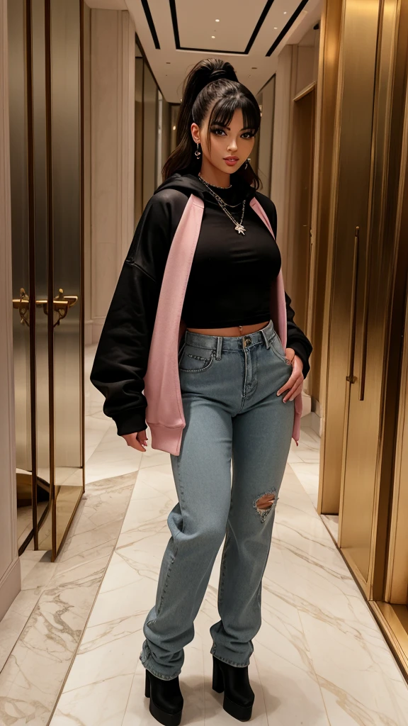 Alisha Lehmann skinny sexy model, black hair with Chinese bangs She is wearing an oversized pink hoodie oversized big sylish sweatshirt street wear tendy wear hands in pockets and big baggy oversized big high waist denim ripped jeans she has small sexy breasts ankle boots heels sexy skinny thighs,full body view,luxuy hotel lobby hooves earrings, necklace chain,no tattoo walking , big hooves earrings, facing the camera full body view hands in pockets all fingers in pockets oversized high waist baggy pants pullover top, luxury hotel lobby with stylish luxury coach, flower vase both hands in pockets