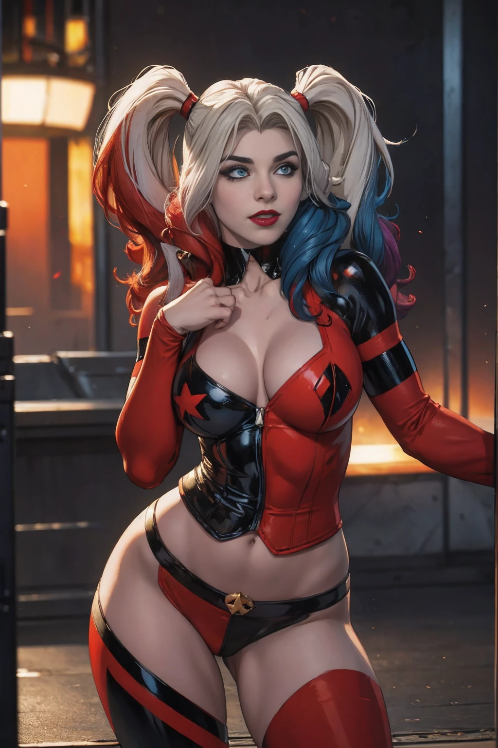 ((full-length portrait, standing, feet on the floor)) straight, looking at viewer, BREAK, cartoon_Harley Quinn, lipstick, original outfit, blue eyes, makeup, lips, red lips, Bodysuit, cleavage, heroine pose, bright, centered art, BREAK, official arts, extremely detailed CG unit wallpaper 8k, full body, looking at viewer, perfect lighting, colorful, bright facial lighting, glowing skin, standing, (masterpiece: 1.0), (best quality: 1.0), extra high resolution, 4k, ultra-detailed, photographic, 8K, HDR, high resolution, down to earth, (nonsense: 1.2), Kodak Portra 400, film grain, blurred background, ( bokeh: 1.2), lens flare, (Vibrants_Color: 1.2), professional photo of a, (pretty face: 1.5) night city background, skyscraper on the roof, exposed skin,
