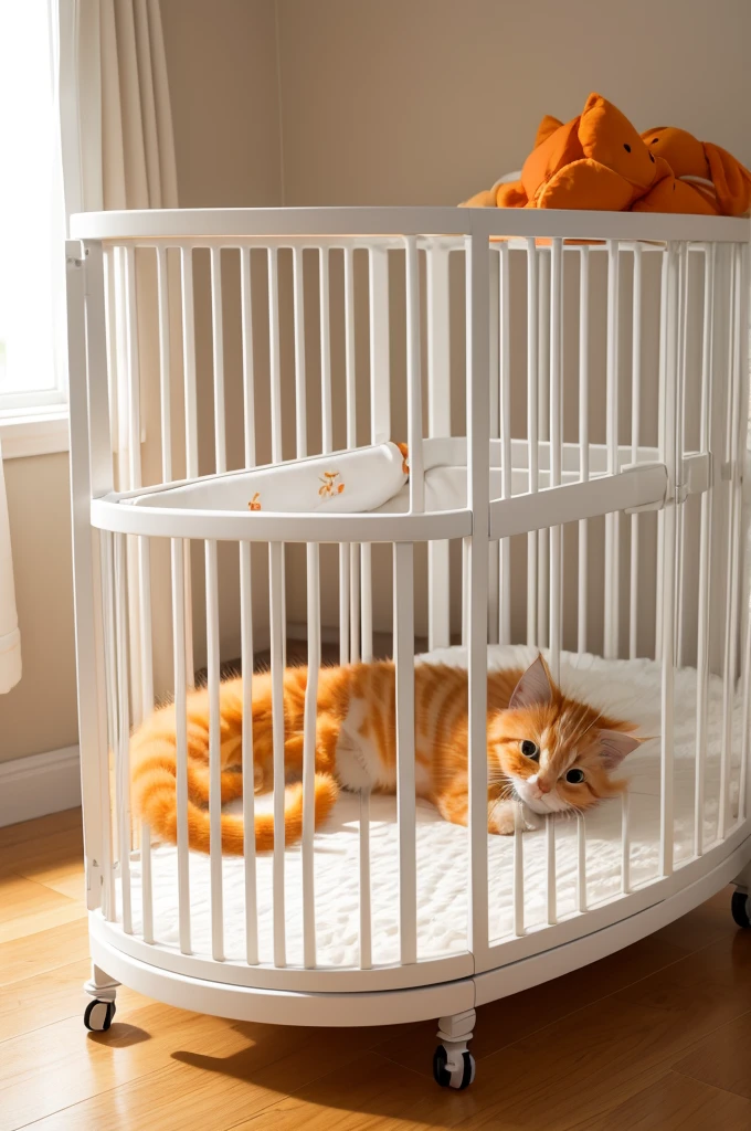 Orange kitten with white inside a baby crib in white empty room, just the baby crib and the orange kitten inside