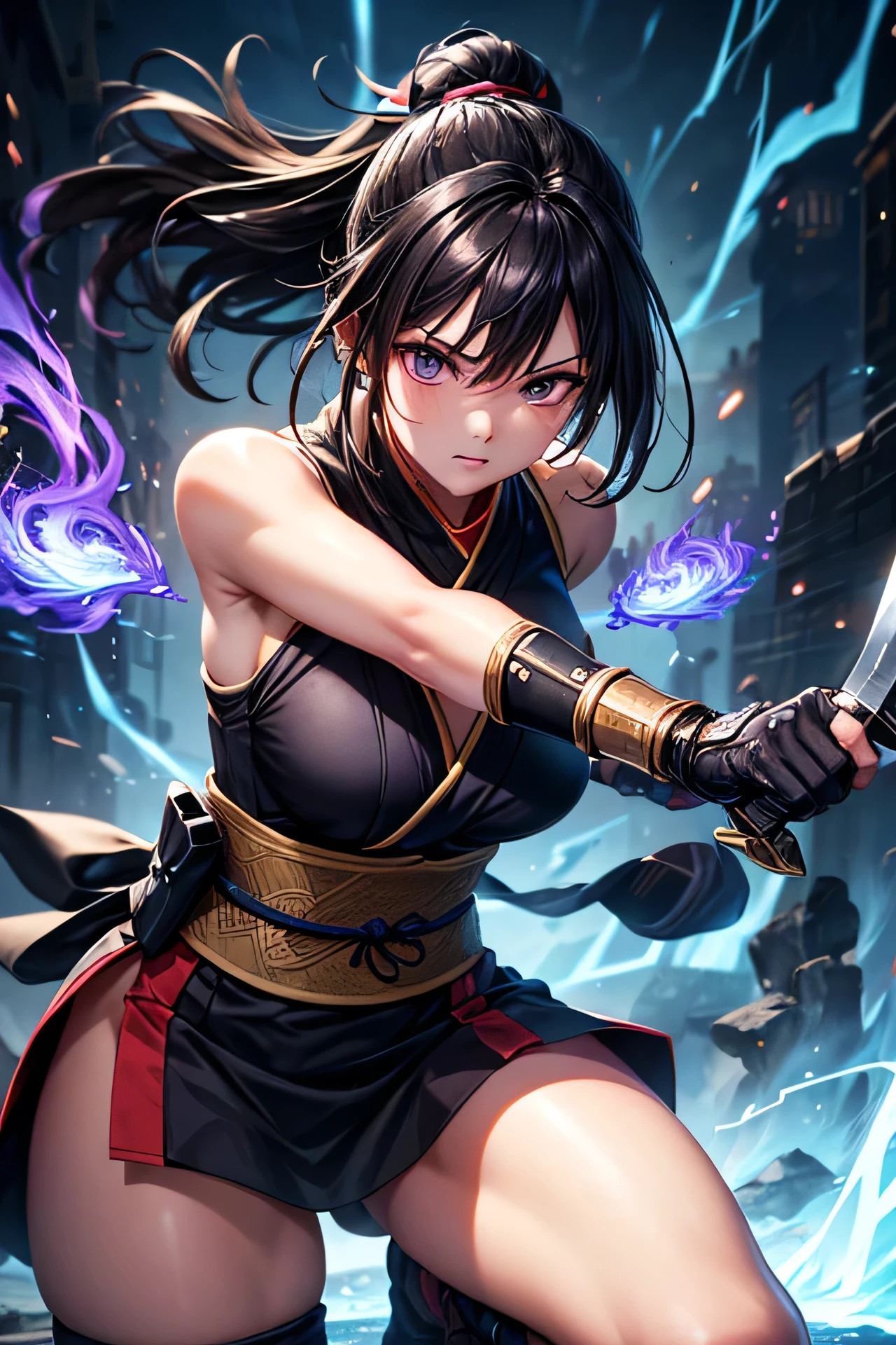 (masterpiece, best quality, ultra detailed, 8K), 1girl, ninja, shinobi, kunoichi, black hair, knife,blue flame, (purple flame, black flame),action pause, thunder,crackling energy,electric bolts, gold,