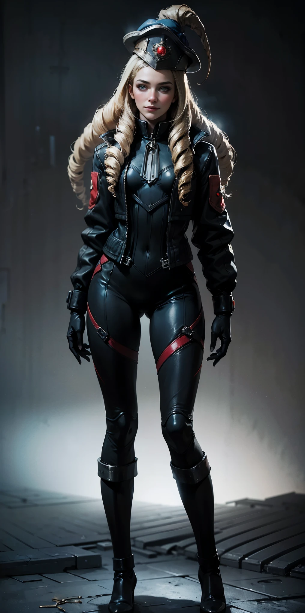 (4k, ultra high resolution, Prominence in Masterpiece, High Quality, Best Quality: 1.2) full body, 1 female, solo, 1girl, 1woman, lustful smirking smile blush, looking at viewer, sitting, blonde hair, long hair, (black jacket), beautiful and detailed face, detailed eyes, looking at the viewer (grey theme) close jacket (aesthetic clothing) hands on hips, wide hips, blonde long hair, blonde drill hair, blonde twin drills hair, blue wizard hat, Handcuffs on their hands, With a collar around the neck