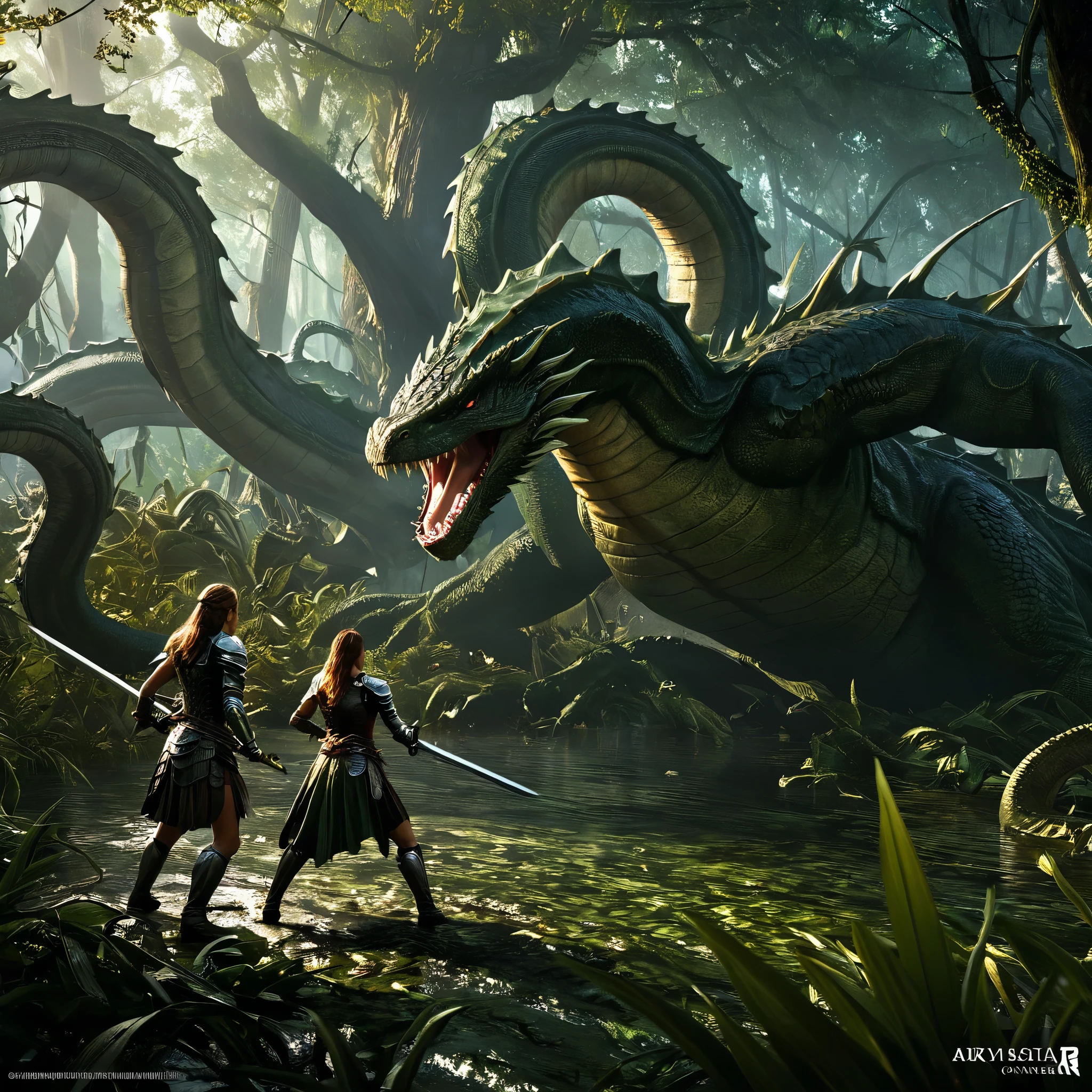 a beautiful female knight battling a multi-headed hydra monster, highly detailed, fantasy, epic battle scene, a swamp, in a dark forest, hyper realistic, dramatic lighting, cinematic, 8k, artstation, concept art, digital painting, award winning, The hydra is breathing poison. It is two meters tall, Powerful battling