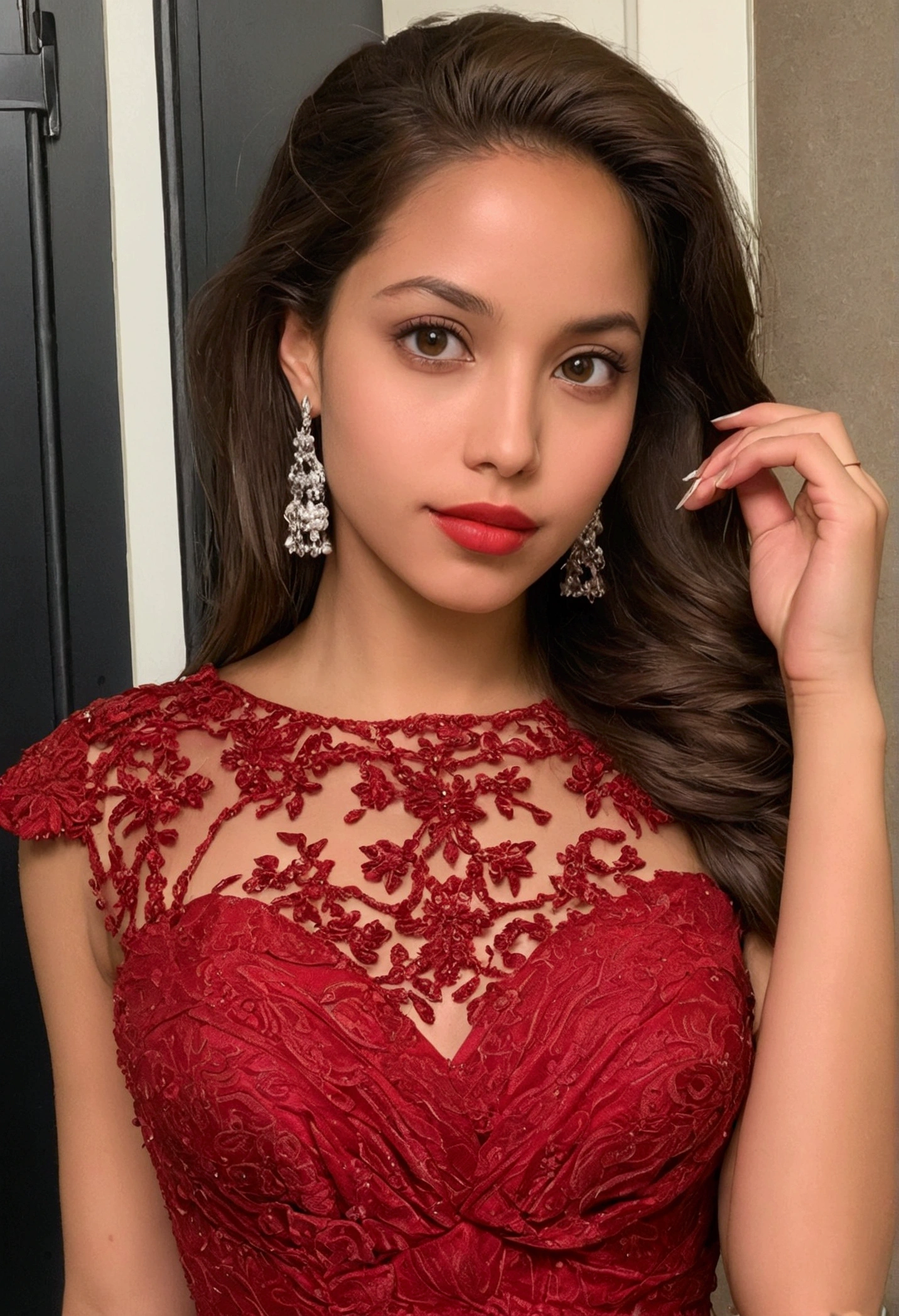 Jolie femme de 20 ans, latina, yeux marrons, robe de soirée rouge, photo pris par iPhone 15 qualité.