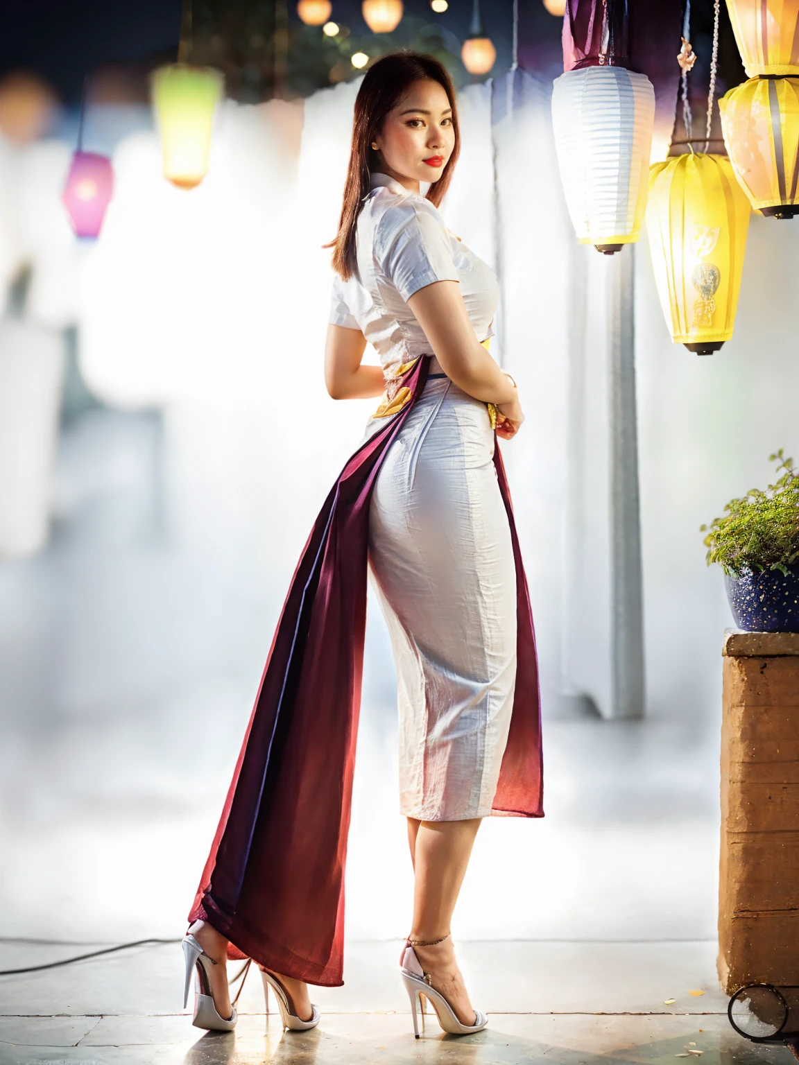 Burmese beautiful woman, pretty lady MoonLay, 1 girl, solo, innocent cute smile, red lips, arafed woman sitting on a stool in a yellow dress, portrait of modern darna, smooth face skin, traditional beauty, cinematic portrait glow lighting, traditional dress, (white shirt:1.3), (red skirt:1.3), high heel, (full body view:2), (back view), (lift up waist), (folded arms at the back), ((slightly rounded, accentuated ass)), (background vibrant colorful hanging laterns:1.5), (cinematic bokeh blur background:1.5), cinematic lighting, (accurate female anatomy),