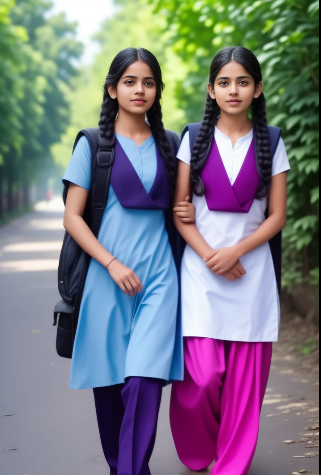 Raw photo, two beautiful indian teen schoolgirls, with plaited hair, both coming towards the camera in a school walkway in a joyful happy mood, wearing salwar kameez uniform, with school backpacks, professional photographer, (hdr:1.4), masterpiece, ultra-realistic 8k, perfect artwork, intricate details, cute face, award winning photograph, (Best quality, 8k, 32k, Masterpiece, UHD:1.3)