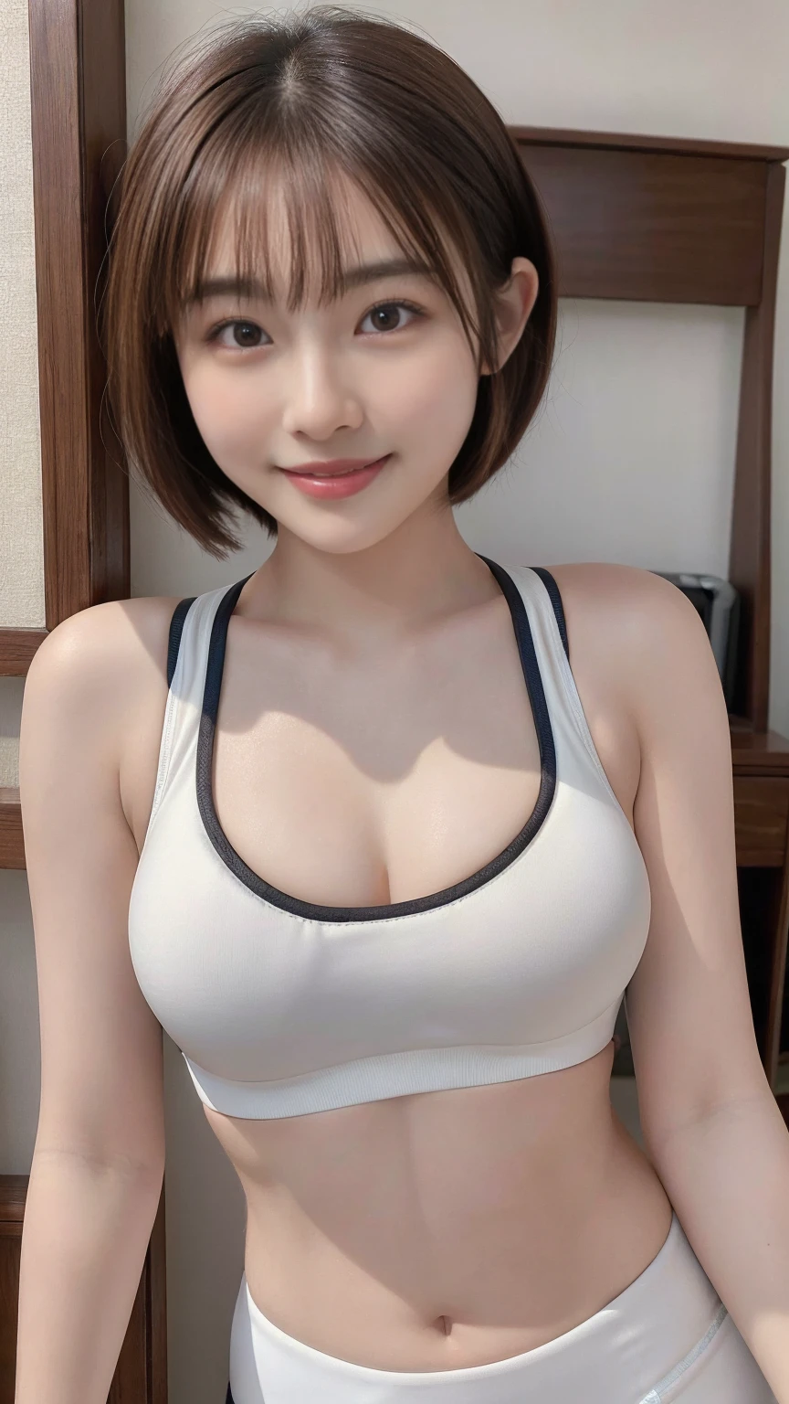 (((Highest quality))), (((masterpiece))), (((Ultra-high resolution))), (((Realistic)))、(((Realistic:1.4))), (((Big Breasts))), (((Photo album)))、(((8k))), Beautiful lighting, Bright lighting, Voluptuous, Beautiful woman, (((Short Bob))), (((Brown ash))), Beautiful Skin, Fine skin, 魅惑的なsmile, Background blur, smile, Hair over the ears, beautiful girl, (((Fair skin))), Plump body, (((sports bra))), 