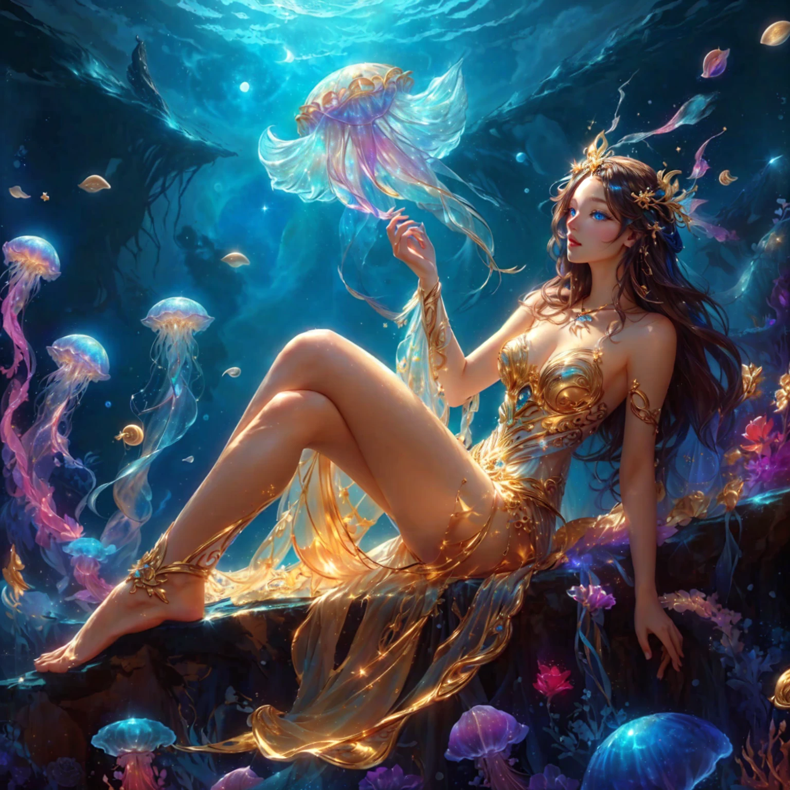 woman , sea blue eyes  , pink mouth ,Dressed in gold, standing in front of a crescent moon., goddess of heaven, goddess of the moon, anime goddess, beautiful heavenly mage, lunar goddess, Moon Goddess, Golden Lotus Princess, Goddess of the Galaxy, Beautiful Fantasy Empress, ((Beautiful Fantasy Empress)), Goddess and Moon, As the sun goddess,, Goddess of space and time , jellyfish , Fine gold jewelry