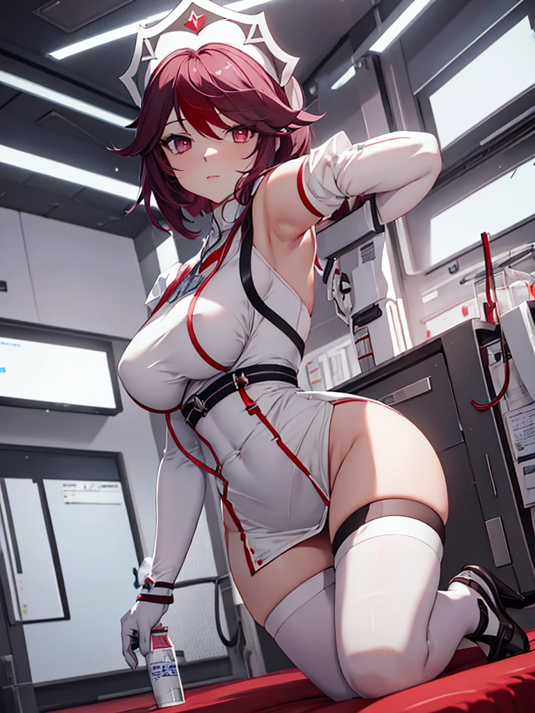 Rosaria from Genshin impact game, 1woman, as a nurse, wearing a white colour nurse outfit, at a hospital, dark red short hair, pale skin, 8k, high detailed, high quality, full body