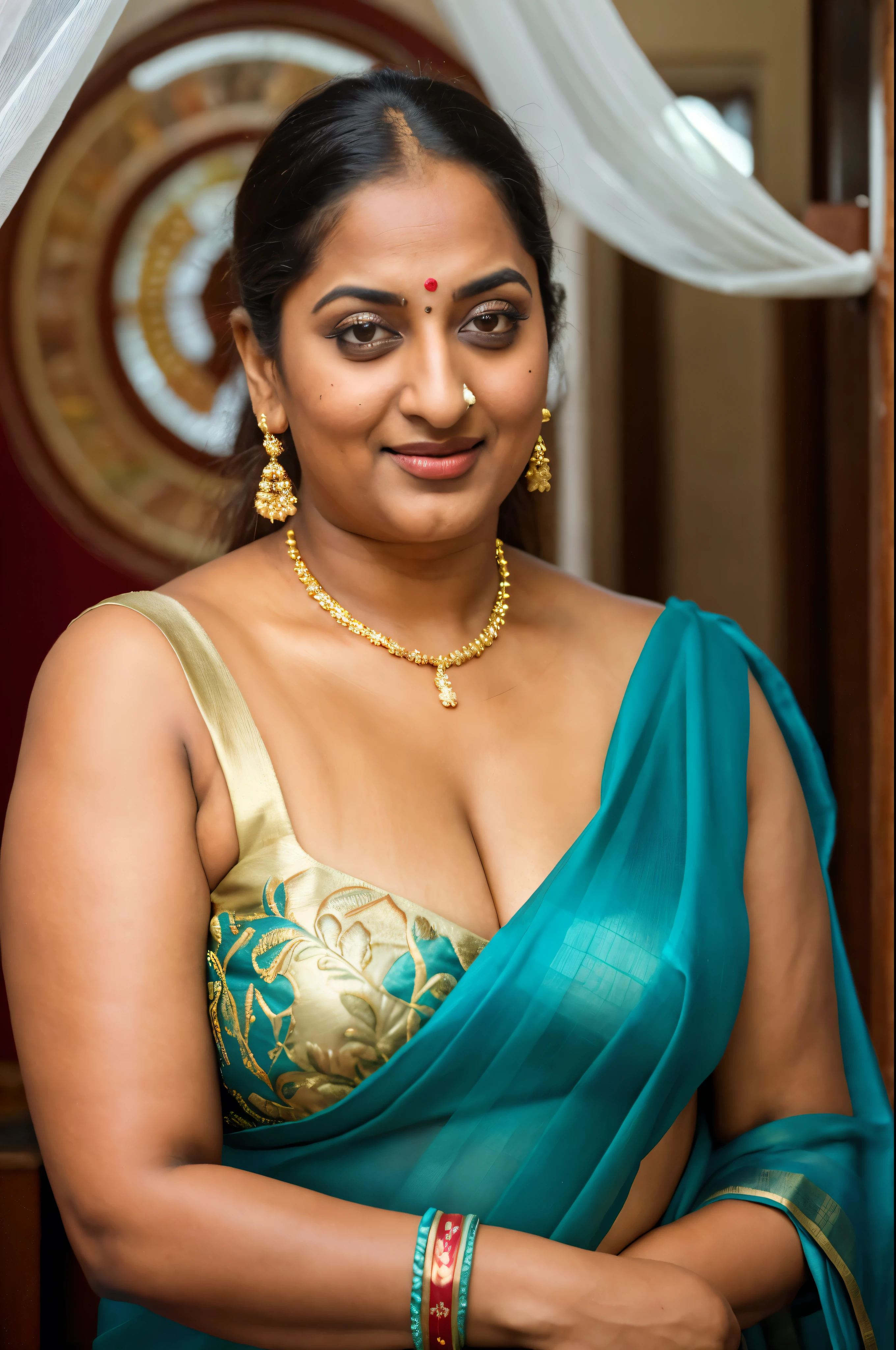 Foto RAW, photorealistic, photography, full body shot, 60 years old Woman, mascara, eye kajal, juicy figure, master shot, perfect eyes, goddess like beauty, pierced eyes, perfect thick chubby mallu Desi aunty bhabhi, Wearing a Stanapatta, a chest-band.Saree model, model Photography, Indian saree shoot, Indian traditional wear advertising photography, traditional wear brand shoot, face of Indian actress Sonakshi Sinha, masterpiece, realistic, realism, incredible details,  pleasure, photorealism, detailed skin, skin pores, high contrast, photorealistic Artstation 8k HD digital art trend of high definition and detailed realistic skin texture, ultra detail, realistic skin texture, armature, best quality, ultra high definition, (photorealistic:1.4),, high resolution, detail, raw photo, sweat, Re sharp, by Lee Jefferies Nikon D850 Film Stock Photo 4 Kodak Portra 400 Camera F1.6 Lens Rich Color Ultra Real Realistic Realistic Textures Dramatic Lighting Unreal Engine Trending at Art Station Cinestill 800,(pele altamente detalhada: 1.2), 8k UHD, DSLR, soft-lighting, alta qualidade, grain of film, Fujifilm XT3,she didn't like to wear blouse or bra, she is happy to wear only saree, she hates blouse or bra, highly detailed hairy armpits, hyper realistic skin, skin pores, sweat, veins, stubble armpits, erotic temptation, appealing figure, appealing body language, fleshy arms, horny desi indian mommy, she wants to dominate young boys by showing her tempting figure, irresistibly hot, armpits hair clearly visible, freckles 0.2, stretchmarks 0.2, Sexy mature woman's with slightly wrinkled skin, hyper real skin texture, subtly detailed, 