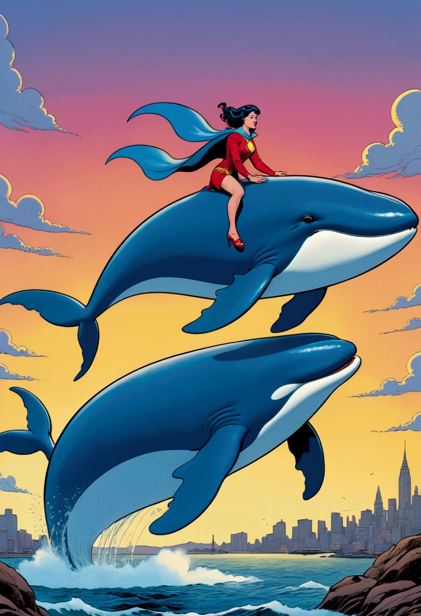 Flying Whale, full body, sky, by Sal Buscema and Frank_Cho, pulp comics, cinematic still, (best quality, masterpiece), very aesthetic, perfect composition, intricate details, ultra-detailed, vivid colors