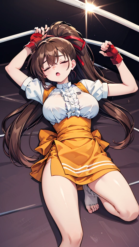 Highest quality，masterpiece，Lying down，sleep，(レスリングのリングにLying down, WWE Divas，Wrestling Arena，Wrestling ring background, Boxing ring background), 仰向けにsleep, Lack of stamina, Ryona, Hitting a girl, death is near，タケユカ 超ロングヘア ヘアribbon, Frilled shirt, Underbust, ribbon, Fingerless gloves, White gloves, Waist apron, Orange Skirt, socks, Toeless legwear，winner, Nice, winner, (Moaning , Open your mouth), ((, 仰向けにsleep, 地面にsleep, lose consciousness, Unconscious, )), , ( Tilt your head),