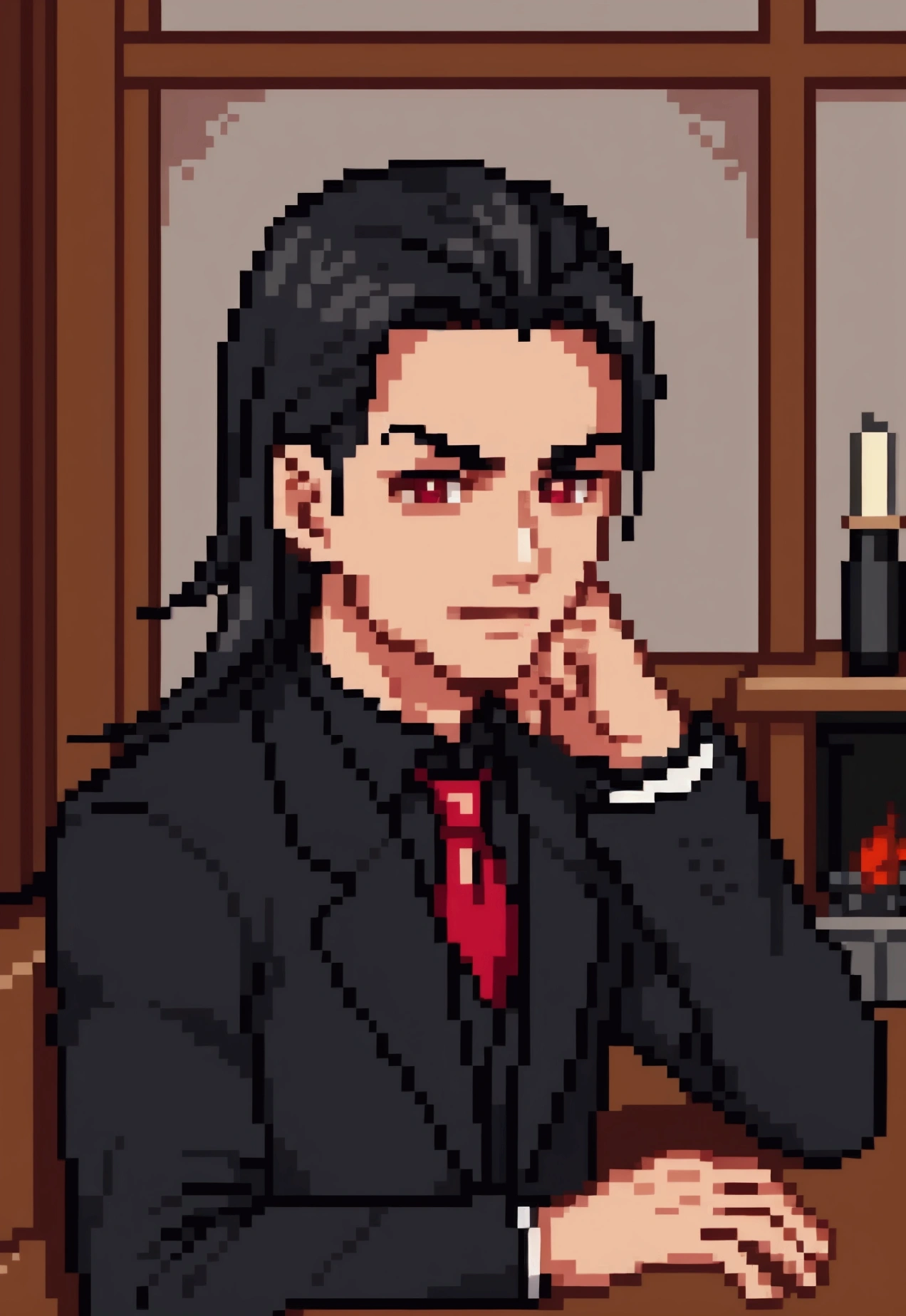 Pixel aRt of man weaRing black formal suitand red cravat, #pixelaRt:3, lofi poRtRait, estilo anime plano, sombreamento estilo anime plano, # pixelaRt, #pixelaRt, /R/pixelaRt, anime style chaRacteR, visual novel spRite, em estilo anime, poRtRait pixel aRt dRawing, jovem anime homem, pixelaRt, cabelo preto, black hair, hair slicked back, visão de frente, stading, olhando para a frente, details eye, young man 20 years old, young man, have red shining eyes, he sets on a comfortable seat, background is in a cozy living room in wooden log house with fireplace, snowy winter outside