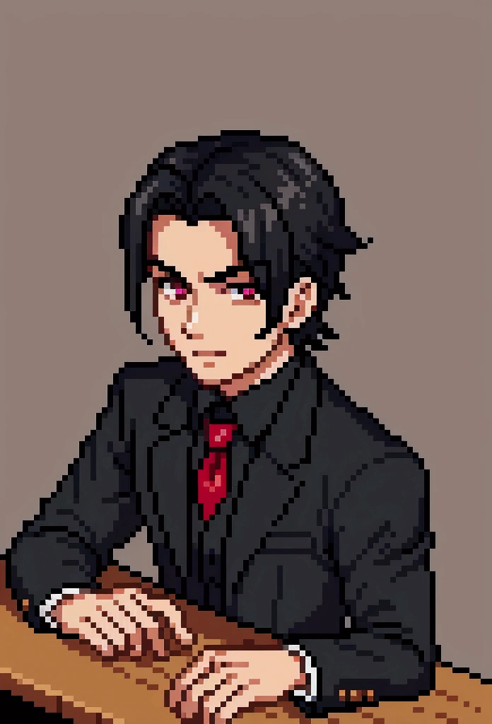 Pixel aRt of man weaRing black formal suitand red cravat, #pixelaRt:3, lofi poRtRait, estilo anime plano, sombreamento estilo anime plano, # pixelaRt, #pixelaRt, /R/pixelaRt, anime style chaRacteR, visual novel spRite, em estilo anime, poRtRait pixel aRt dRawing, jovem anime homem, pixelaRt, cabelo preto, black hair, hair slicked back, visão de frente, stading, olhando para a frente, details eye, young man 20 years old, young man, have red shining eyes, he sets on a comfortable seat, background is in a cozy living room in wooden log house with fireplace, snowy winter outside