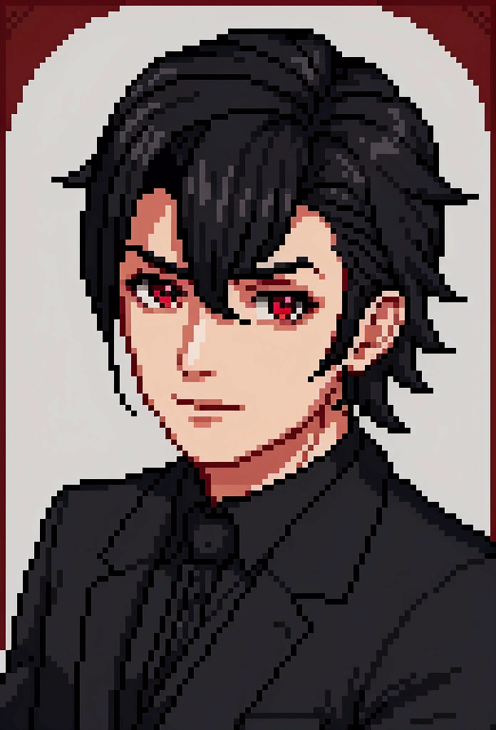 Pixel aRt of man weaRing black formal suitand red cravat, #pixelaRt:3, lofi poRtRait, estilo anime plano, sombreamento estilo anime plano, # pixelaRt, #pixelaRt, /R/pixelaRt, anime style chaRacteR, visual novel spRite, em estilo anime, poRtRait pixel aRt dRawing, jovem anime homem, pixelaRt, cabelo preto, black hair, hair slicked back, visão de frente, stading, olhando para a frente, details eye, young man 20 years old, young man, have red shining eyes, he sets on a comfortable seat, background is in a cozy living room in wooden log house with fireplace, snowy winter outside