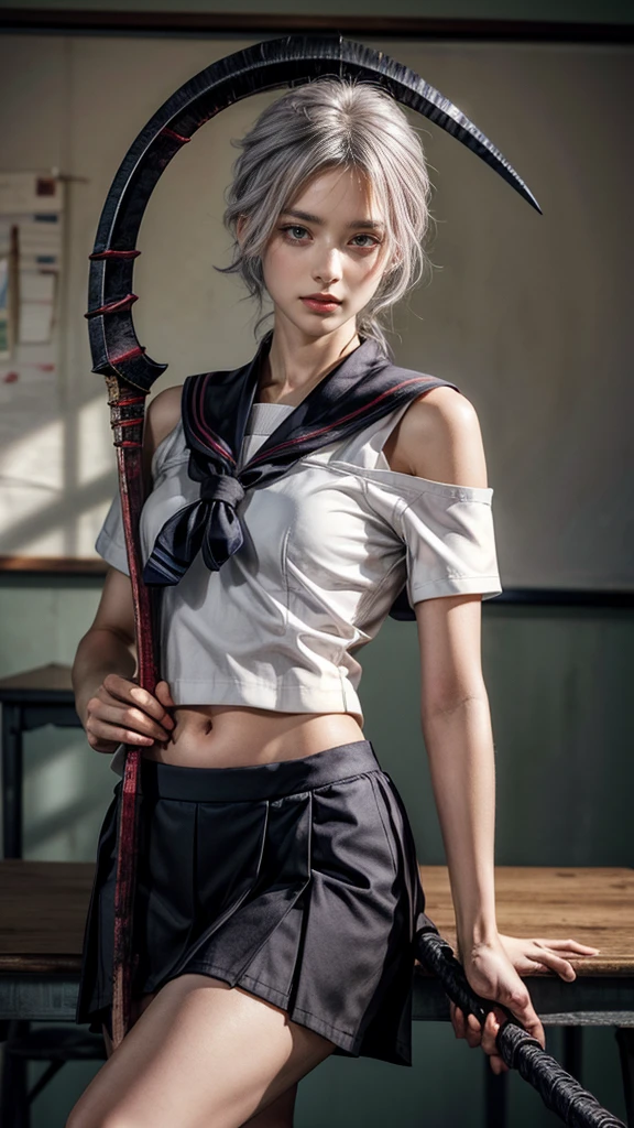 最high quality, masterpiece, Ultra-high resolution, (Realistic:1.5), RAW Photos, One Girl, Off the shoulder, In the Dark, Deep Shadow, Moderate, Cold Light, Sexy Looks, short Gray Hair (((Gray Hair))),Beautiful young woman,((( Japanese Sailor Suit,))) Asymmetrical bangs, Platinum and pink hair gradation, Pretty face, Pale red eyes,((( Big Scythe,))) Skeleton Decoration, White Sailor Suit, Red scarf, Above the knee skirt, Black Loafers, White socks, classroom, Realistic texture, high quality, The finer details, Sitting at a desk, Holding a sickle in his right hand, Place your left hand on your hip, Calm and cold expression, Lift your chin, Condescending look, Centered, whole body.