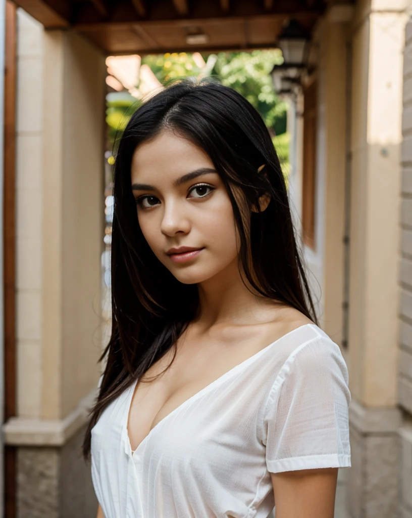 A (beautiful) young Brazilian girl, (extremely pale skin:1.2), (straight black hair:1.2), (small pointed nose, full lips, pointed chin, small face).
