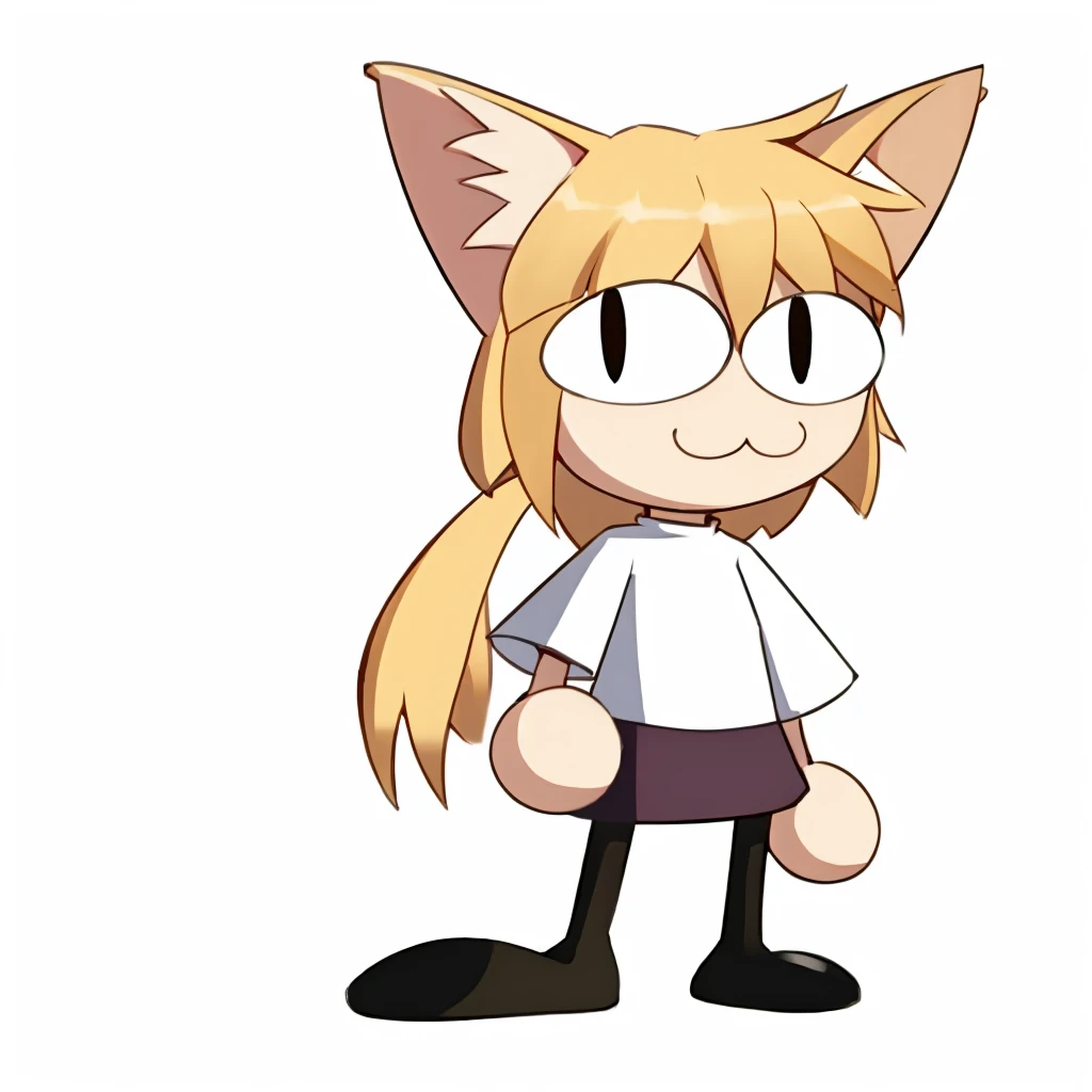 necoarc, whole body, 1 boy, :3, whole body, catboy, standing alone, shorth hair, twintails, don, white  shirt, Dark purple skirt, White background, 2d, animated cartoon, hair blonde.