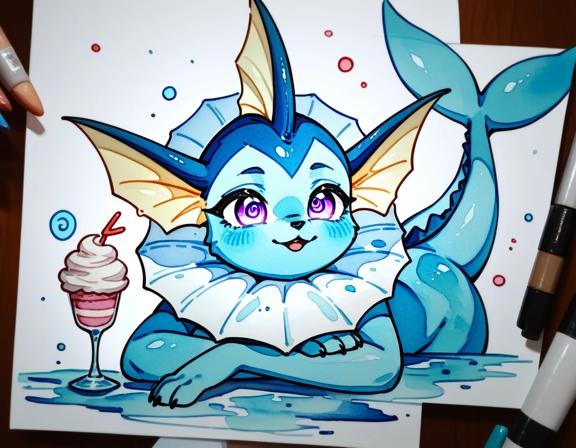 (score_9,score_8_up,score_7_up,score_6_up,score_5_up,score_4_up) Hypnotic splash whipped cream in ornamental watercolor art style, furry, vaporeon
