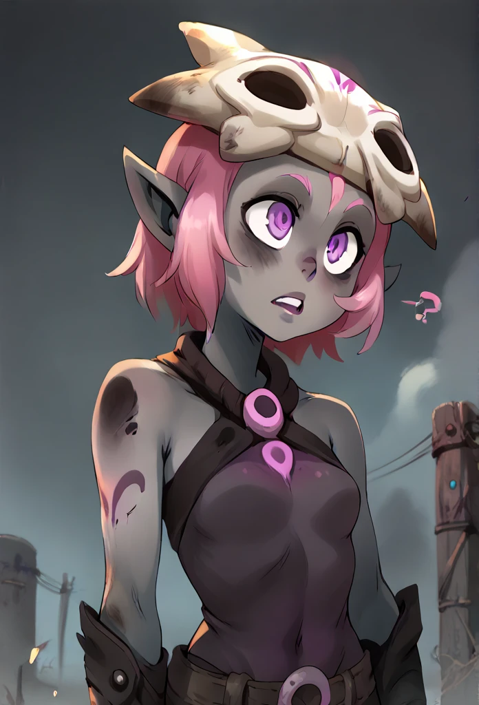 (score_9, score_8_up), score_7_up, score_6_up, score_5_up, score_4_up, Coqueline, 1girl, black skin, pale skin, grey skin, pink hair, (purple eyes), skull hat, pointy ears, wasteland, destroyed land, grey sky, dark clouds, upper body, (nosebleed), xaxaxa