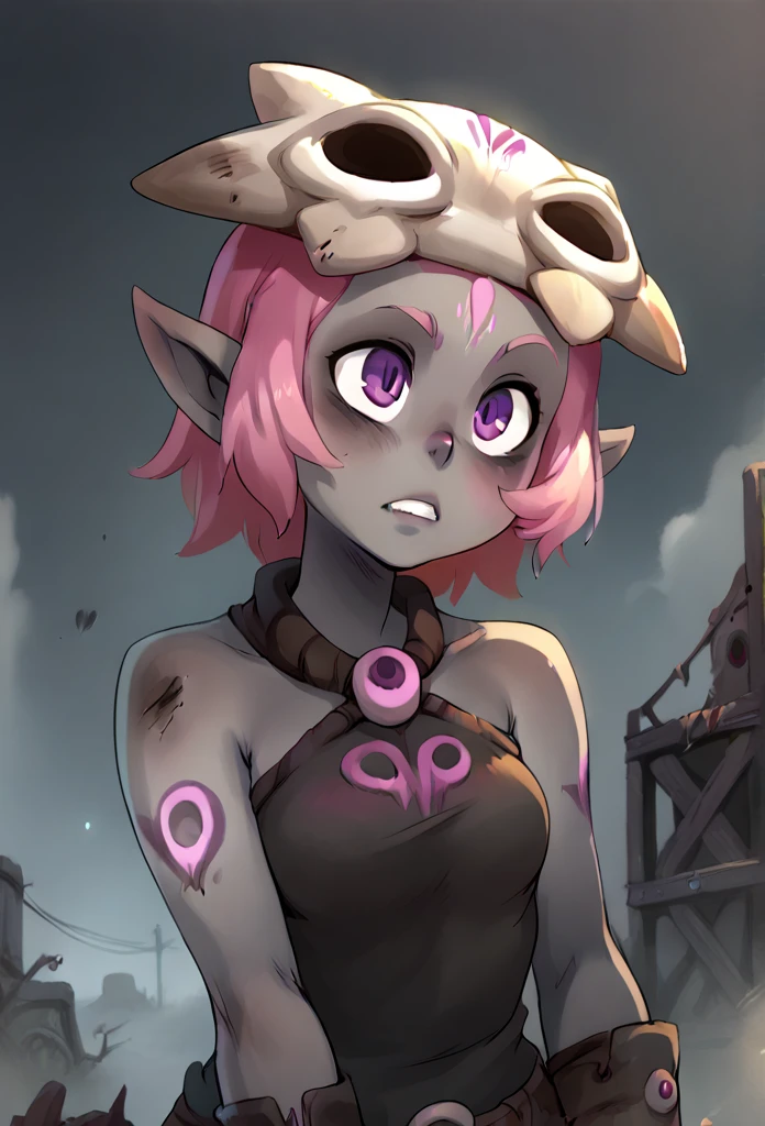 (score_9, score_8_up), score_7_up, score_6_up, score_5_up, score_4_up, Coqueline, 1girl, black skin, pale skin, grey skin, pink hair, (purple eyes), skull hat, pointy ears, wasteland, destroyed land, grey sky, dark clouds, upper body, (nosebleed), xaxaxa