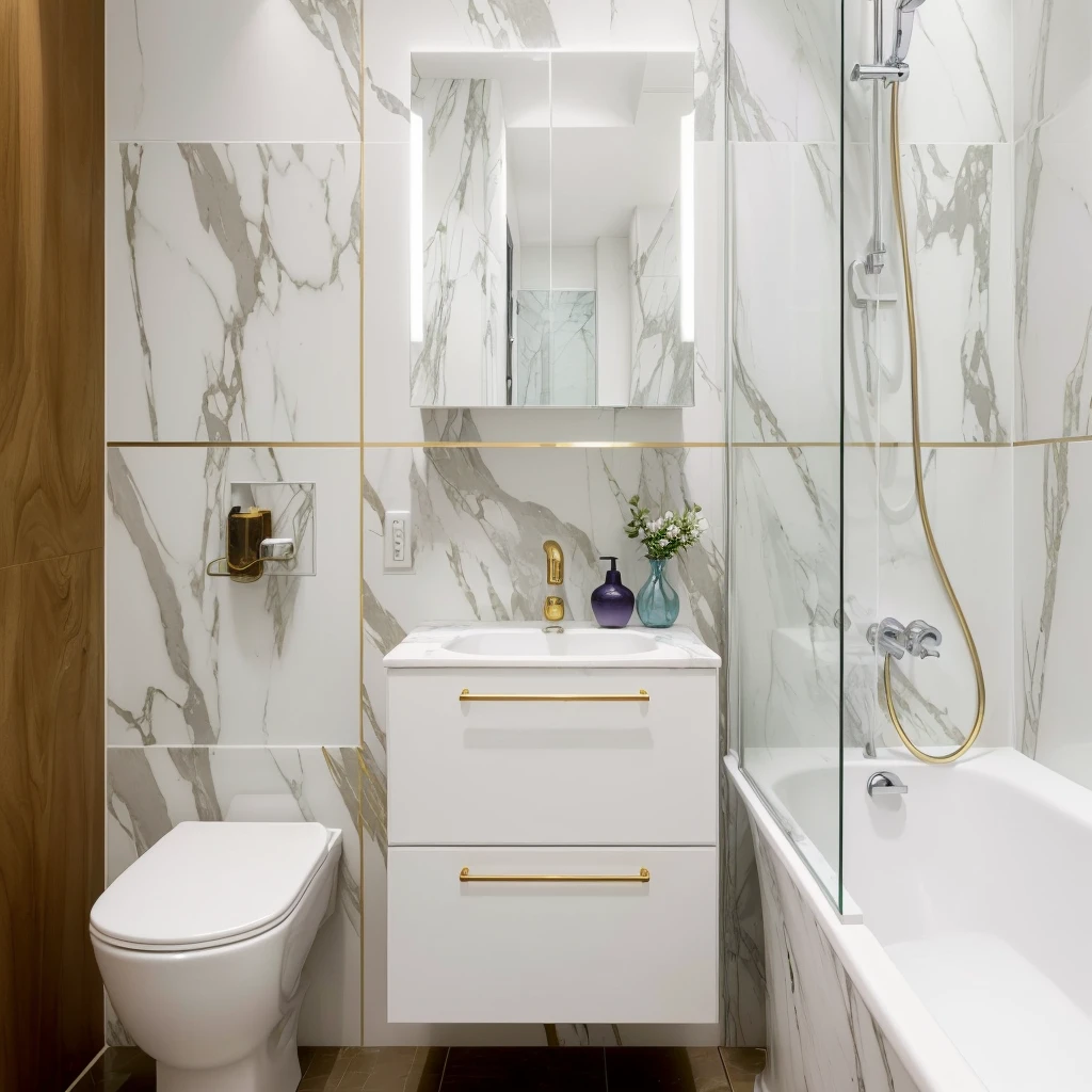 there is a bathroom with a marble wall and a white toilet., White marble with gold inlays, Smooth marble surfaces, marble and shade of purple, white marble and purple, white calacatta marble, modern bathroom, Exquisite marble details, Marble & Gold, mirror and glass surfaces, polished white marble, gold and luxury materials, The walls are made of white marble, bathtub with gold tap