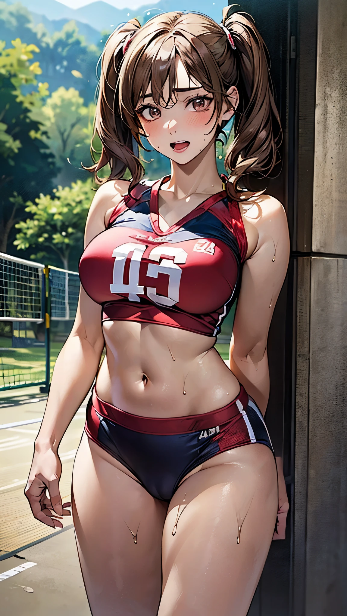((perfect anatomy, anatomically correct, super detailed skin)), (crotch rope walking:1.0), 1 girl, japanese, , volleyball player, shiny skin, watching the view, 
beautiful hair, beautiful face, beautiful detailed eyes, brown eyes, (short hair:1.4, twintails:1.7), babyface, monder eye, 
beautiful collarbones, beautiful body, beautiful breasts, beautiful thighs, beautiful legs, large breasts:0.5, seductive thighs, cameltoe, bare arms, bare hands, bottomless, break, 
((symmetrical clothinetallic)), (((buruma:1.3), (crop top:1.1), sleeveless volleyball uniform)), 
((brown rope)), shibari:1.5, (shibari over clothes), ((arms behind back:1.4, ) crotch rope), breasts bondage, arms bondage, 
((ashamed, open mouth, sweaty)), 
(beautiful scenery), evening, day, ((volleyball gymnasium, volleyball cort)), 
(8k, top-quality, masterpiece​:1.2, extremely detailed), (photorealistic:1.2), beautiful illustration, cinematic lighting,