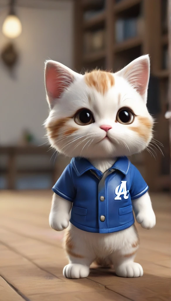 Highest quality,animal,cute,No humans,kitten,Stand on two legs，Hands at your side，brown，Wearing a blue Dodgers uniform