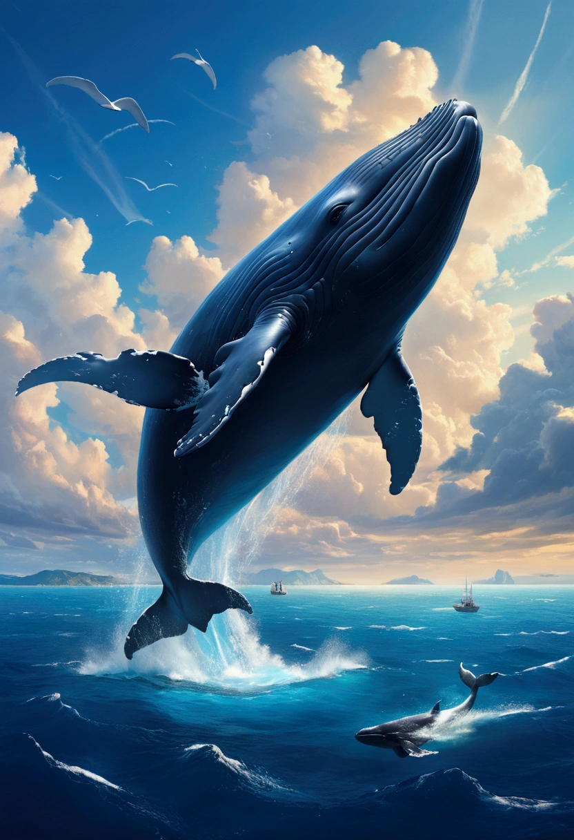 Flying Whale, full body, sky, by Alan_Lee, cinematic still, (best quality, masterpiece), very aesthetic, perfect composition, intricate details, ultra-detailed, vivid colors