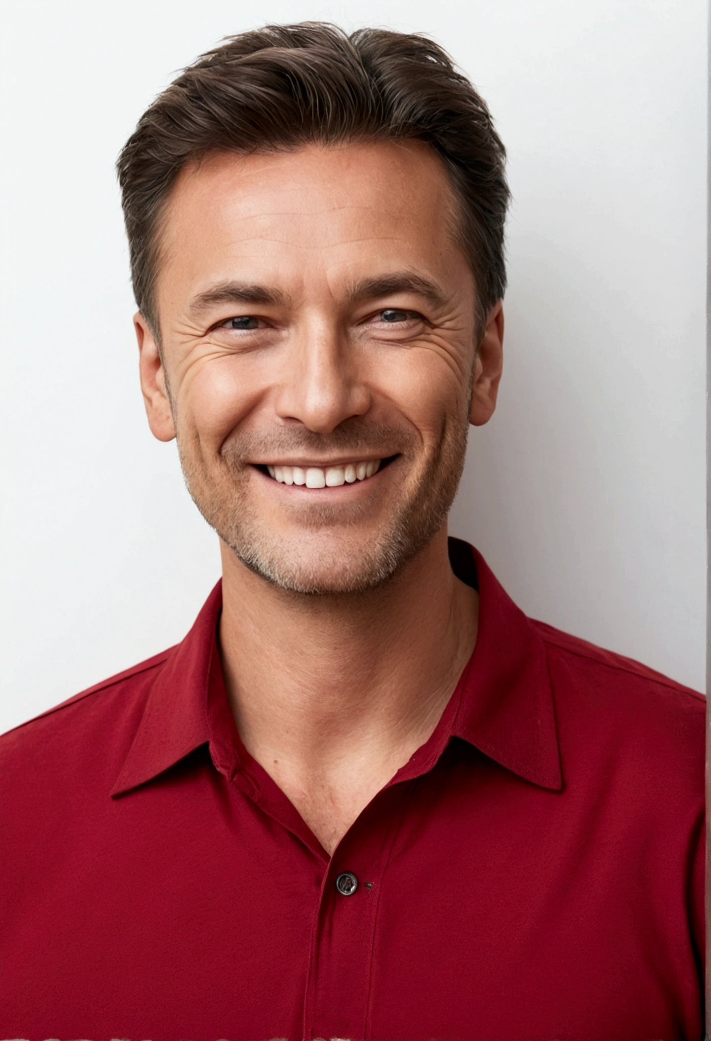 man in plain red shirt smiling on a white wall background open eyes