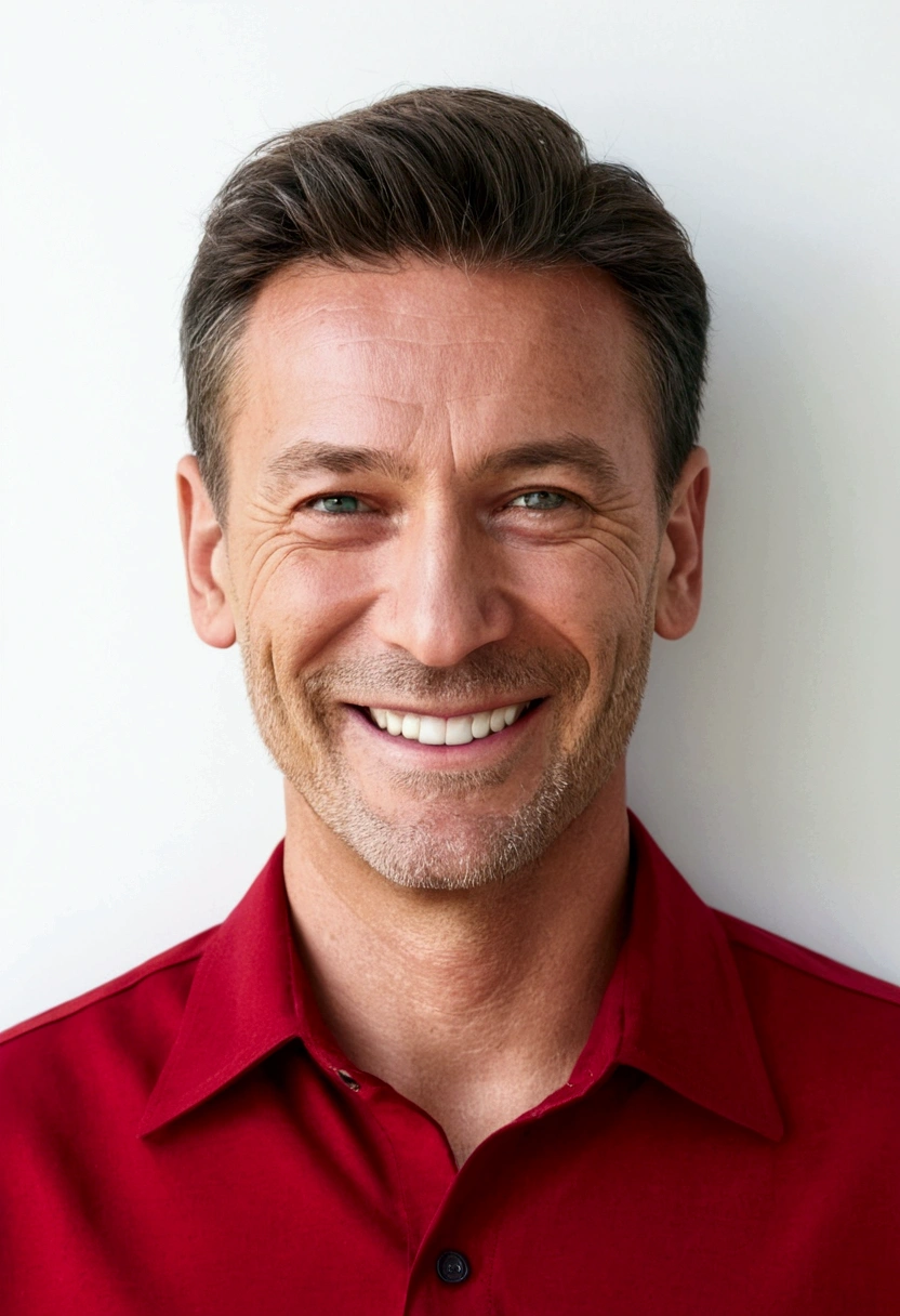 man in plain red shirt smiling on a white wall background open eyes