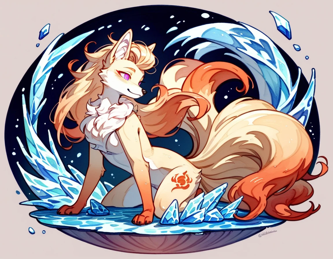 (score_9,score_8_up,score_7_up,score_6_up,score_5_up,score_4_up) Hypnotic splash whipped cream in ornamental watercolor art style, furry, ninetales, Ice